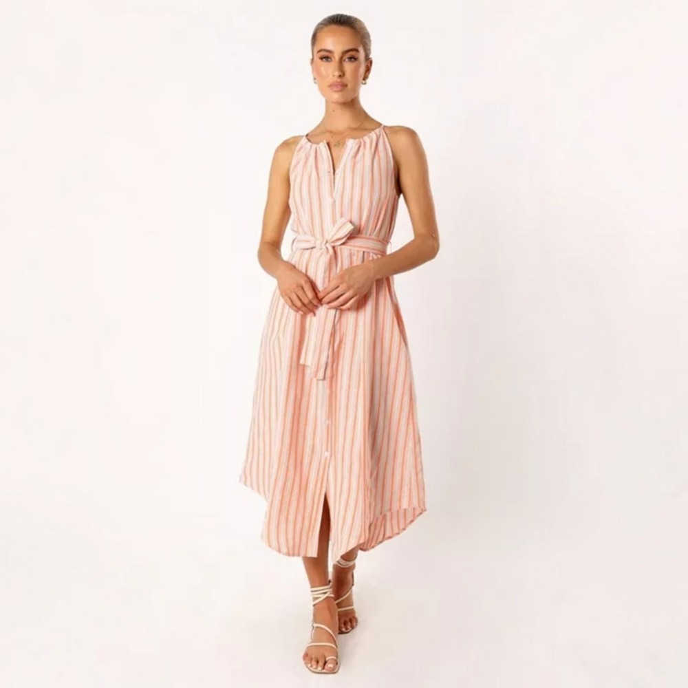 Petal + Pup Arabella Midi Dress M Coral Stripe Button Front Belted Coastal